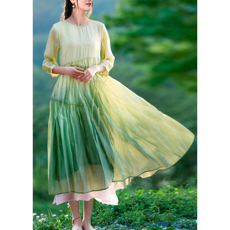 Women Gradient Green O-Neck Wrinkled Patchwork Silk Dresses Summer