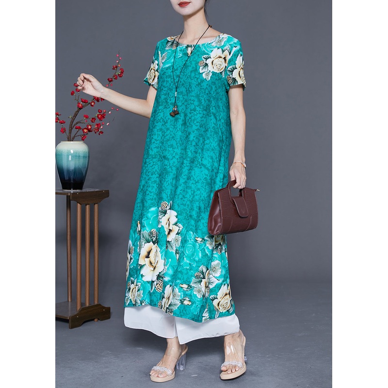 Women Green O-Neck Print Cotton Robe Dresses Summer
