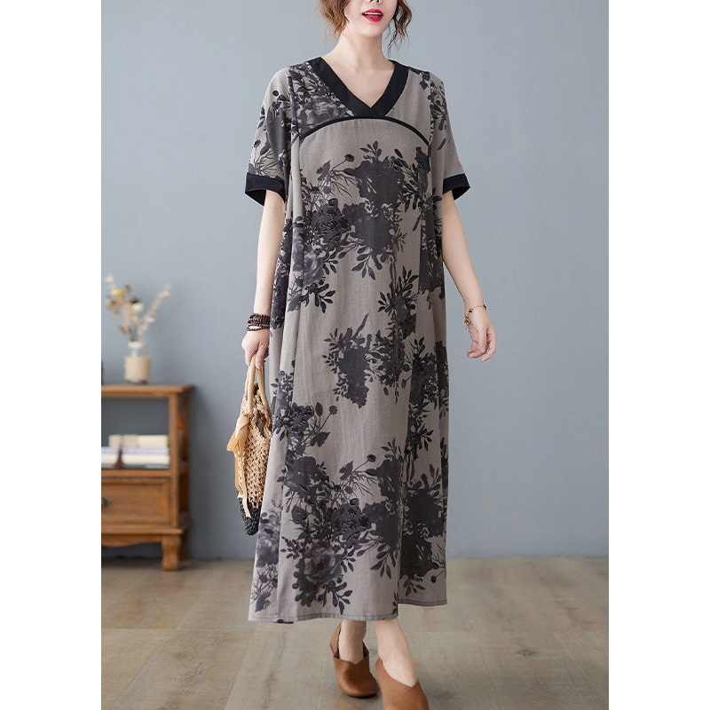 Women Grey Print Patchwork Maxi Dresses Short Sleeve