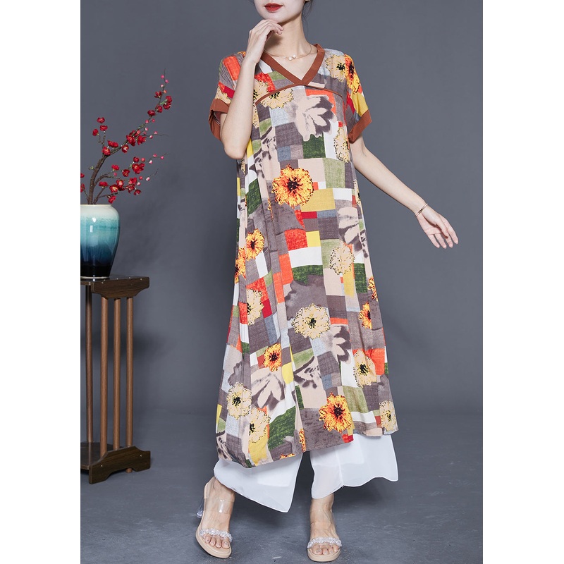 Women Khaki V Neck Patchwork Print Cotton Long Dress Summer
