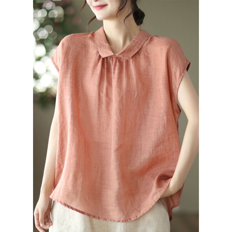 Women Orange Peter Pan Collar Patchwork Linen Blouses Summer