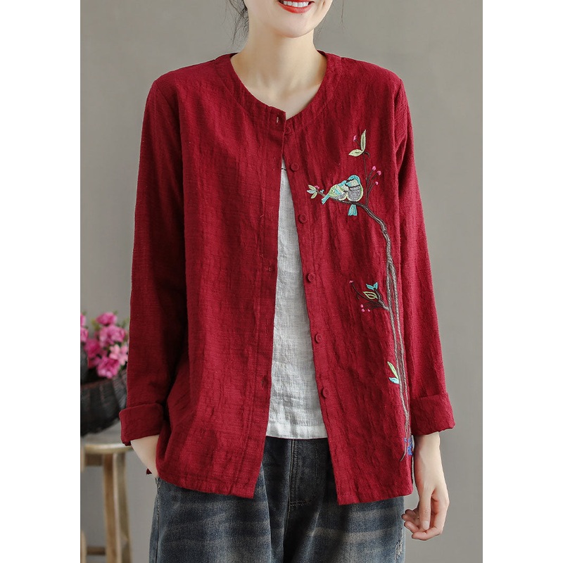 Women Red Embroideried Patchwork Cotton Cardigans Coats Spring