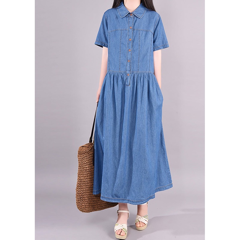 Women Retro Solid Pleated Polo Collar Denim Dress