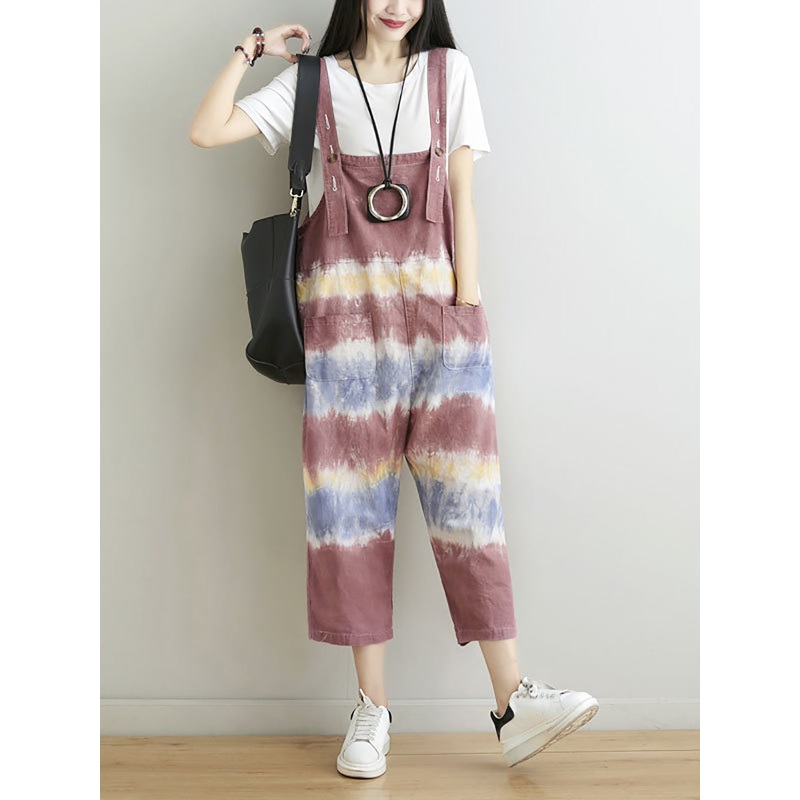 Women Summer Artsy Tie-dye Pocket Denim Jumpsuits