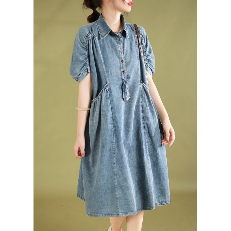 Women Summer Retro Pocket Stitching Button Denim Dress