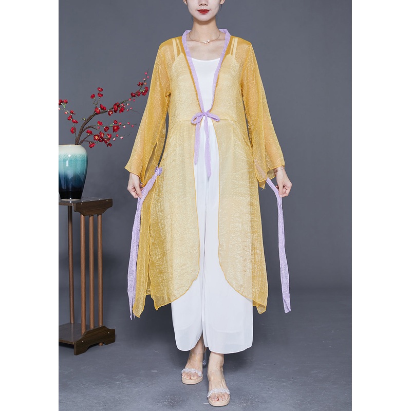 Women Yellow Lace Up Patchwork Chiffon UPF 50+ Cardigan Summer