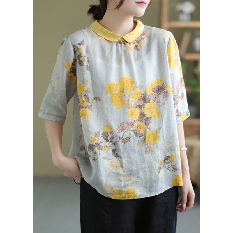 Women Yellow Peter Pan Collar Print Patchwork Linen Top Summer