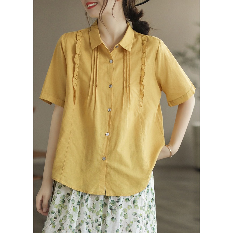 Women Yellow Peter Pan Collar Ruffled Patchwork Cotton Blouses Summer