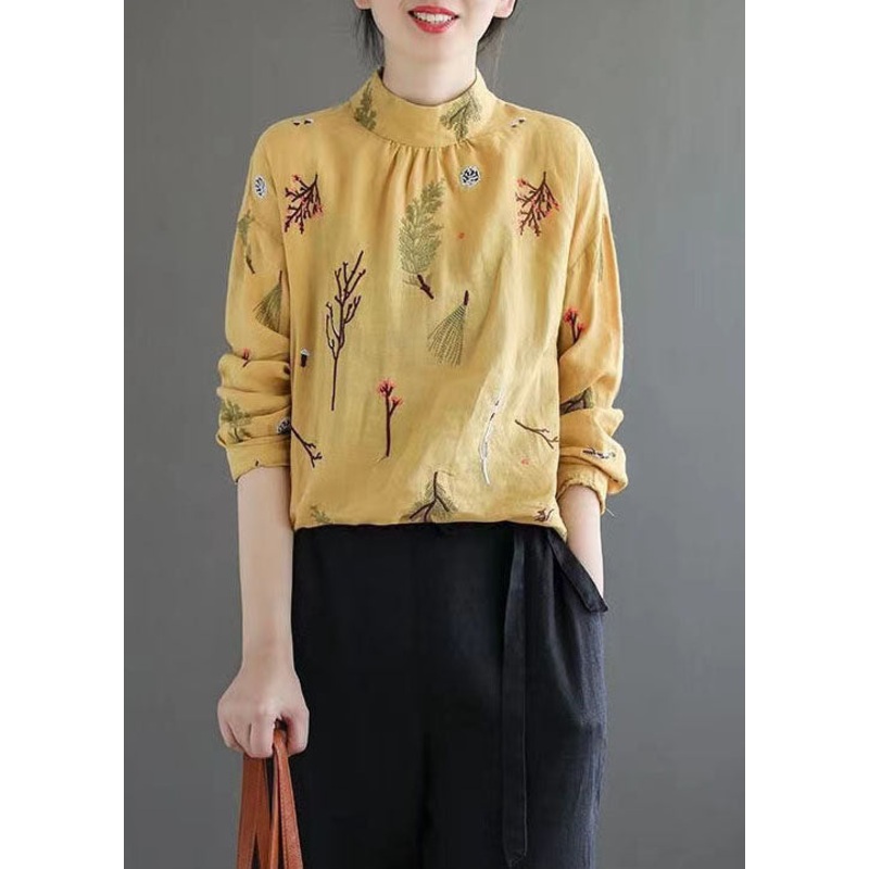 Women Yellow Wrinkled Embroideried Patchwork Linen Shirt Tops Spring