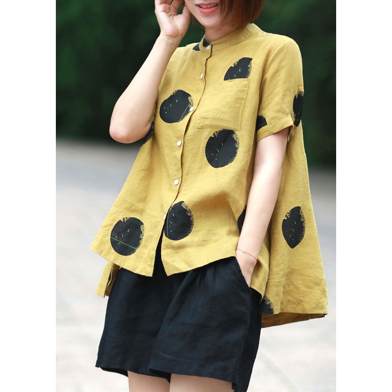 Yellow Dot Print Patchwork Linen Top Button Stand Collar Summer