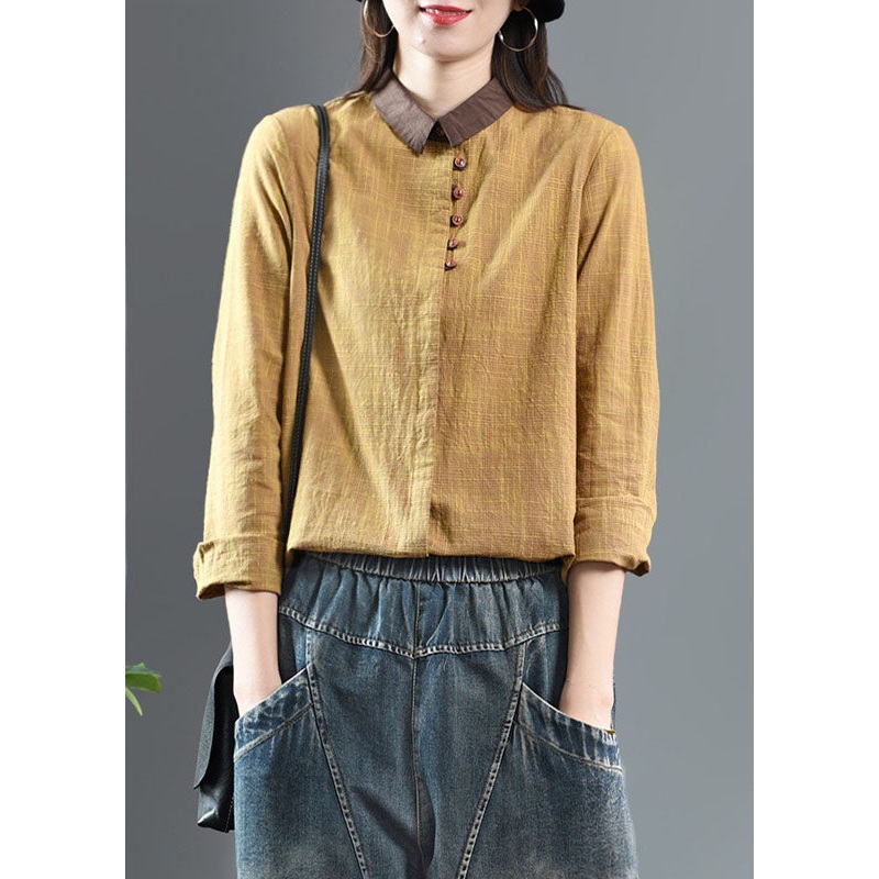 Yellow Patchwork Cotton Top Peter Pan Collar Button Spring