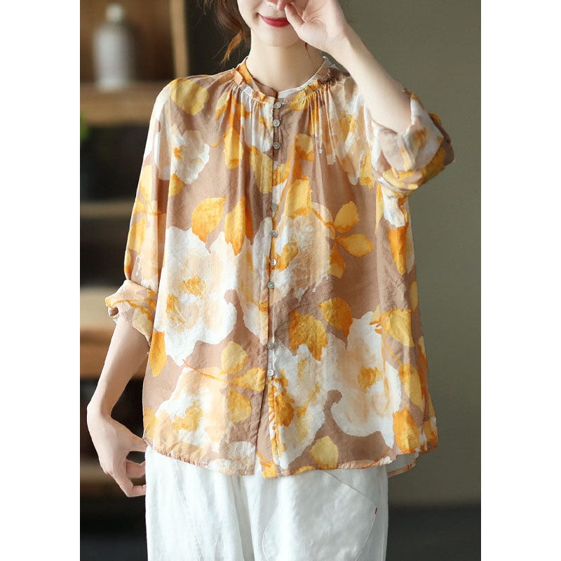 Yellow Print Patchwork Cotton Shirt Tops Wrinkled Long Sleeve