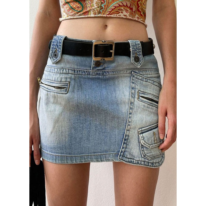 American Style Blue Pockets Zippered Patchwork Sexy Denim Skirt Fall