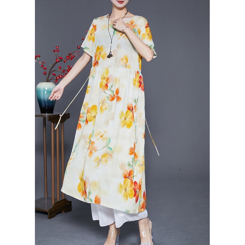 Apricot Print Linen Dress Oversized Exra Large Hem Summer