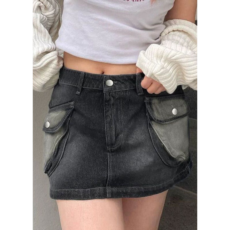 Art Black Pockets Patchwork Slim Fit Denim Skirts Fall