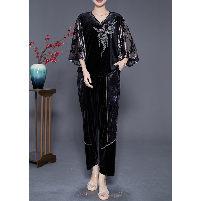 Art Black V Neck Patchwork Zircon Silk Velour Two Pieces Set Batwing Sleeve