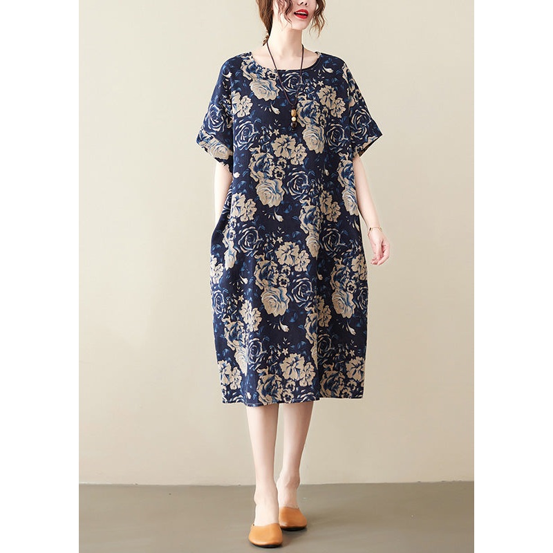 Art Navy Blue O-Neck Print Maxi Dress Short Sleeve