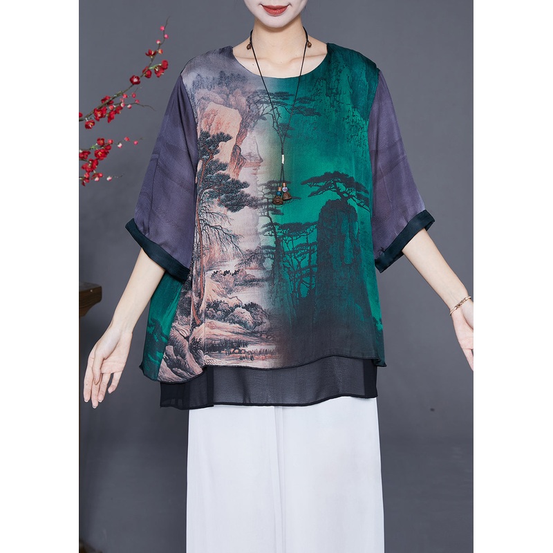 Art Oversized Patchwork Landscape Painting Silk Shirt Half Sleeve