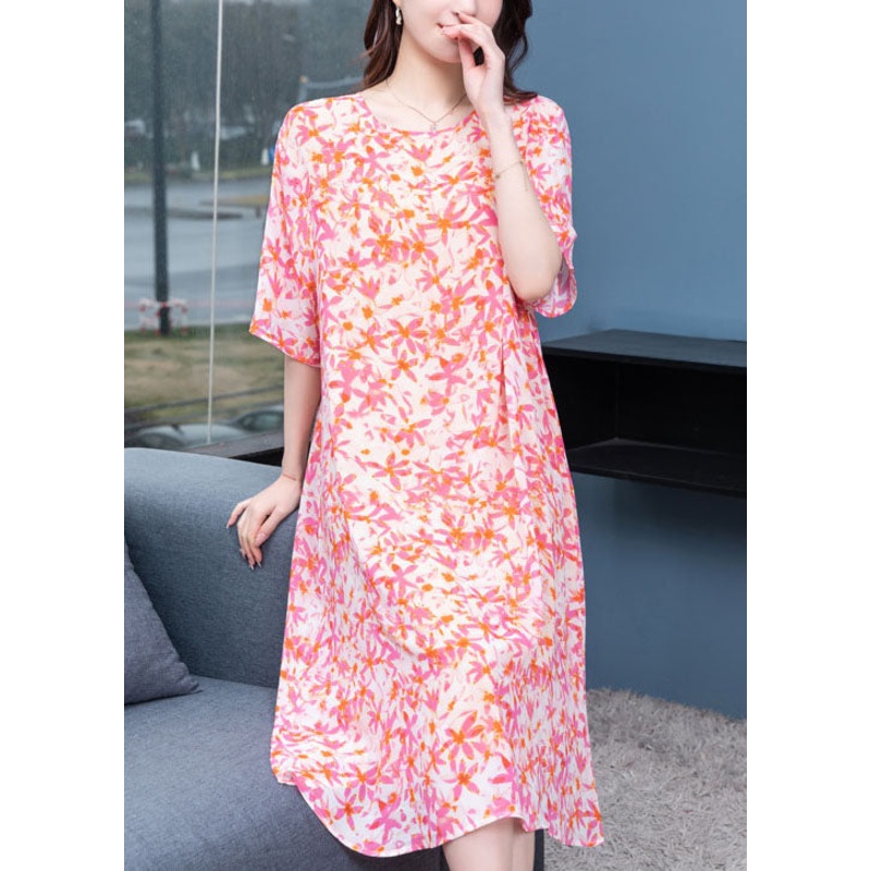 Art Pink O Neck Print Patchwork Chiffon Dresses Summer