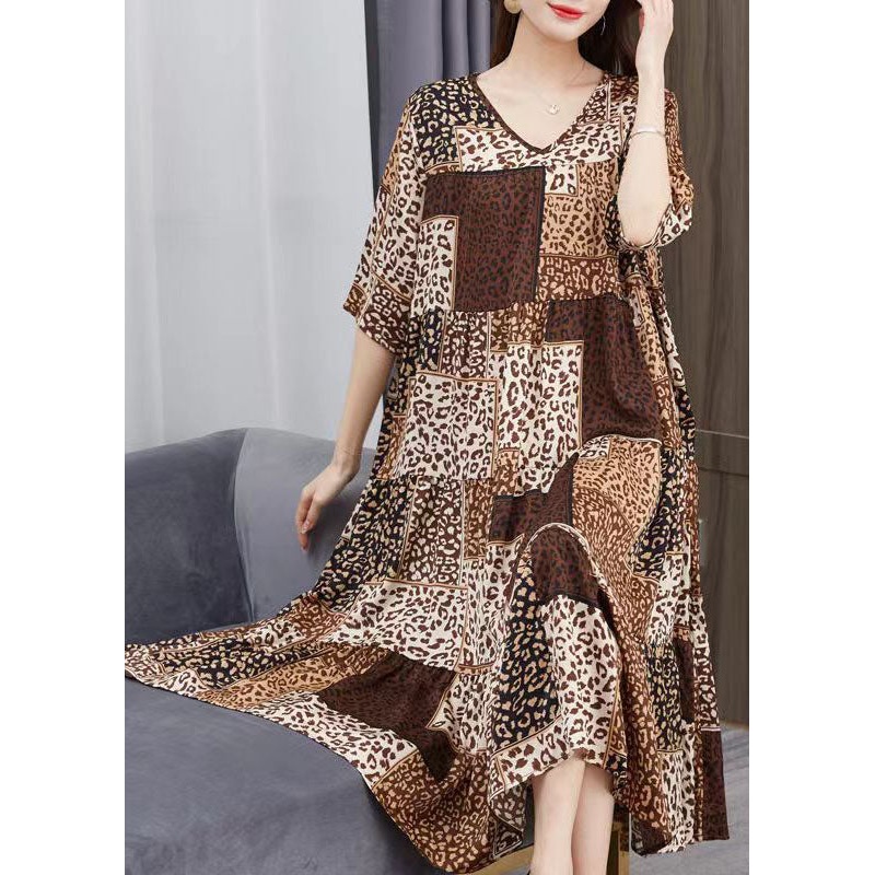 Beautiful Brown V Neck Print Patchwork Chiffon Dresses Summer