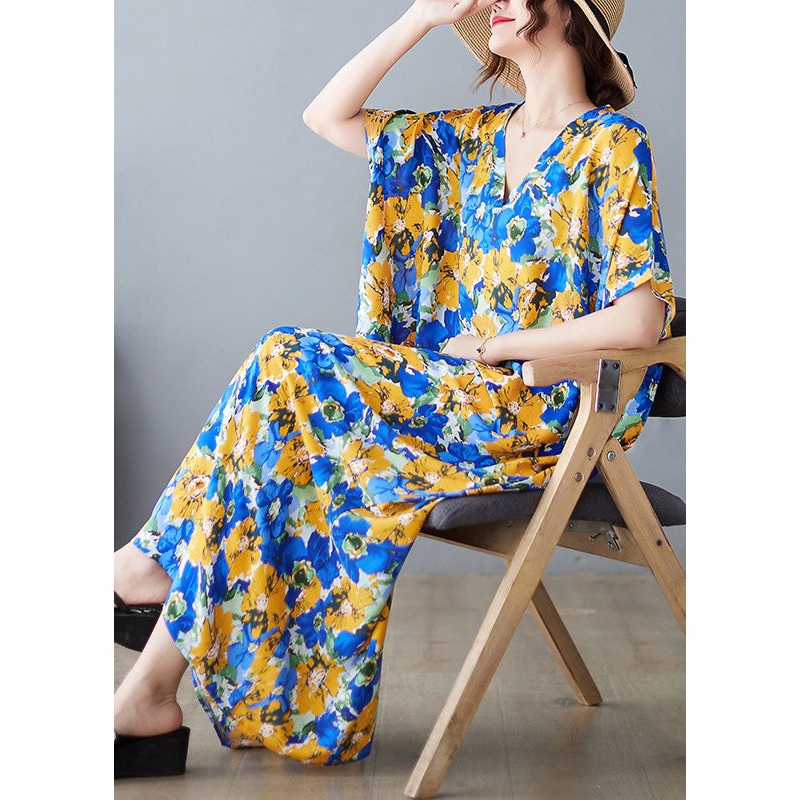 Beautiful V Neck Print Satin Long Dresses Short Sleeve