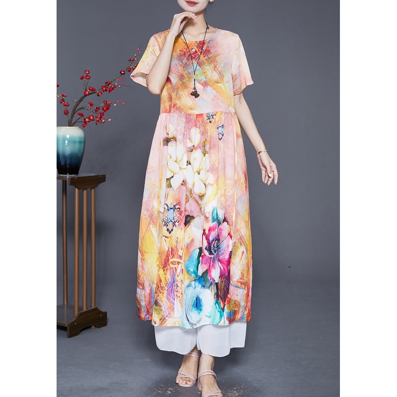 Beige Print Linen Robe Dresses Oversized Low High Design Summer