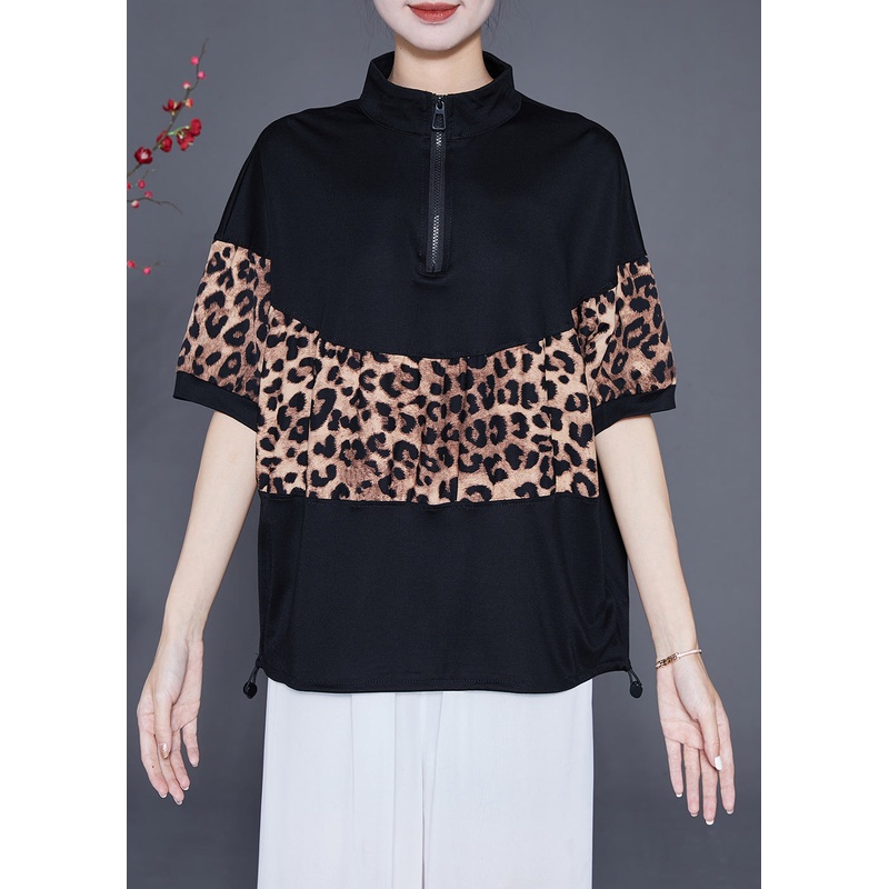 Black Patchwork Leopard Cotton Sweatshirts Top Drawstring Summer