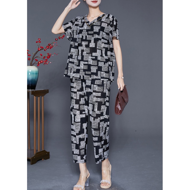 Black Plaid Chiffon Two Piece Suit Set V Neck Summer