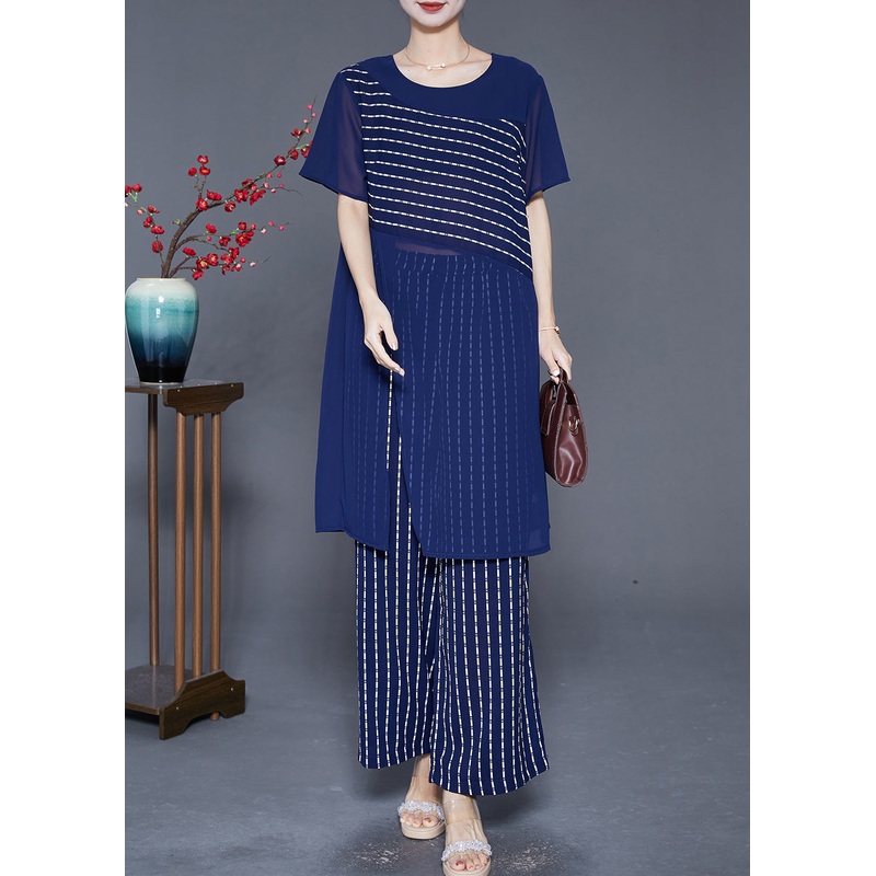 Blue Patchwork Chiffon Two Pieces Set Asymmetrical Side Open Summer