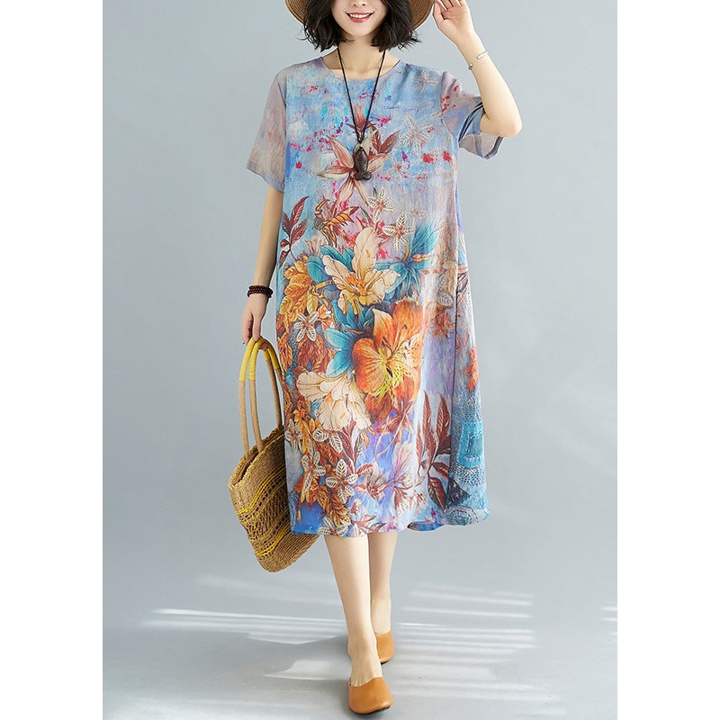 Blue Print Chiffon Holiday Maxi Dress Short Sleeve