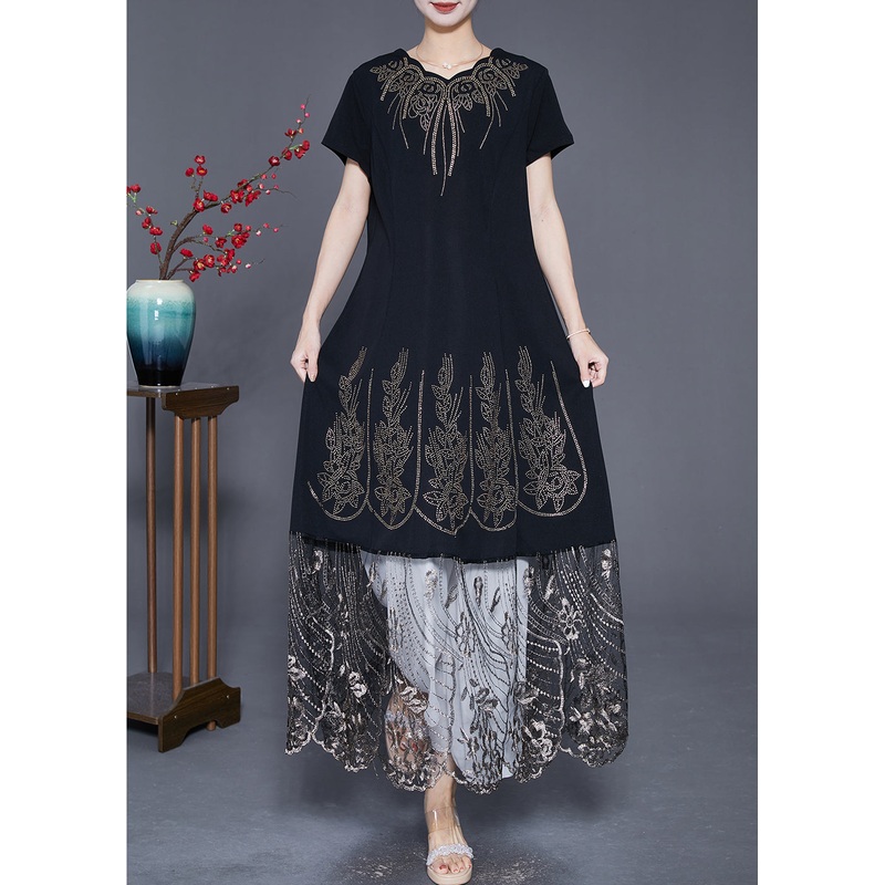 Bohemian Black Embroideried Tulle Patchwork Zircon Cotton Dress Summer
