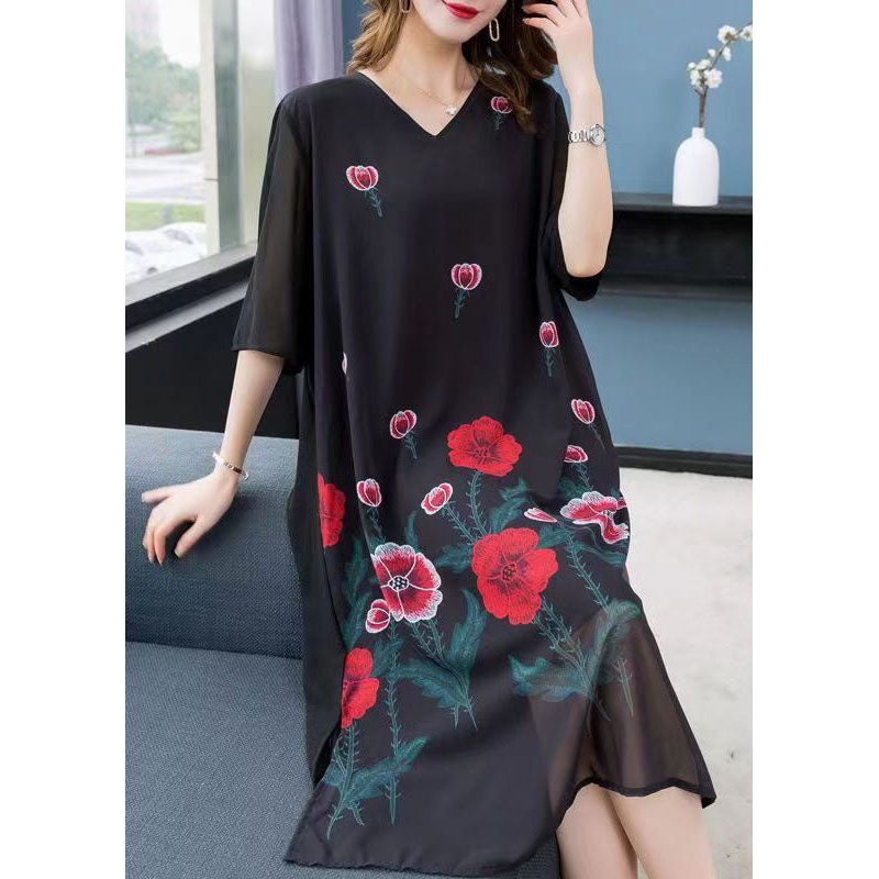 Bohemian Black V Neck Rose Patchwork Chiffon Dress Summer