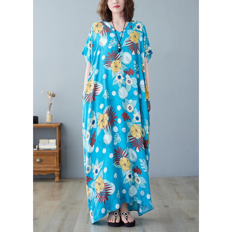 Bohemian Light Blue O-Neck Print Cotton Maxi Dresses Summer