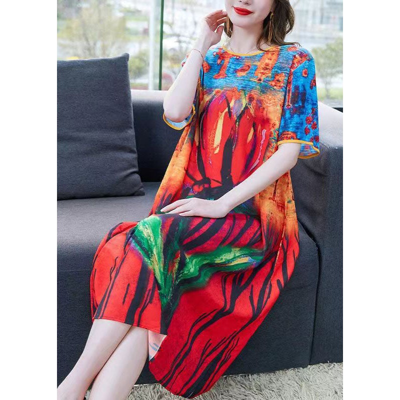 Boho Colorblock O Neck Print Patchwork Chiffon Dresses Summer