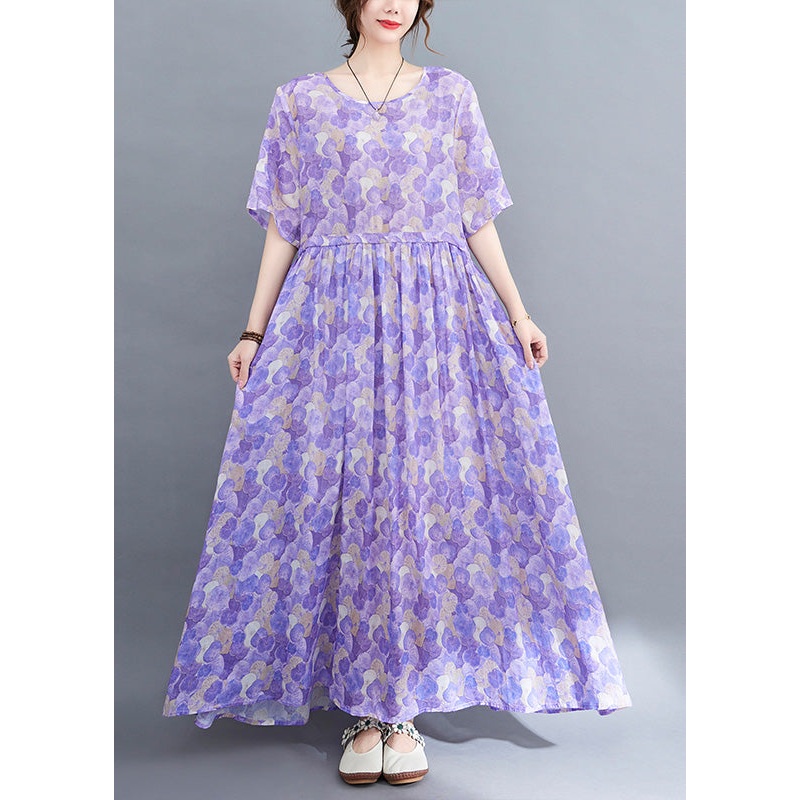 Boho Purple O-Neck Print Patchwork Cotton Long Dress Short Sleeve