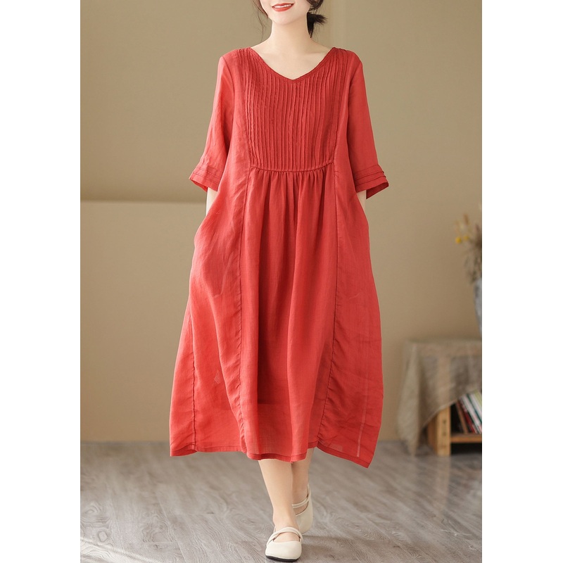 Boho Red V Neck Wrinkled Patchwork Linen Dress Summer