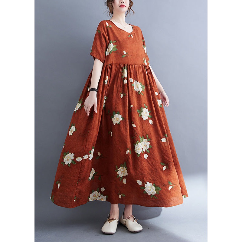 Boho Rust O-Neck Patchwork Print Vacation Maxi Dresses Short Sleeve
