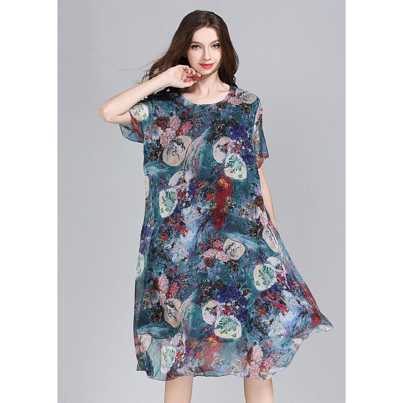 Boutique Blue Asymmetrical Print Patchwork Chiffon Mid Dress Summer