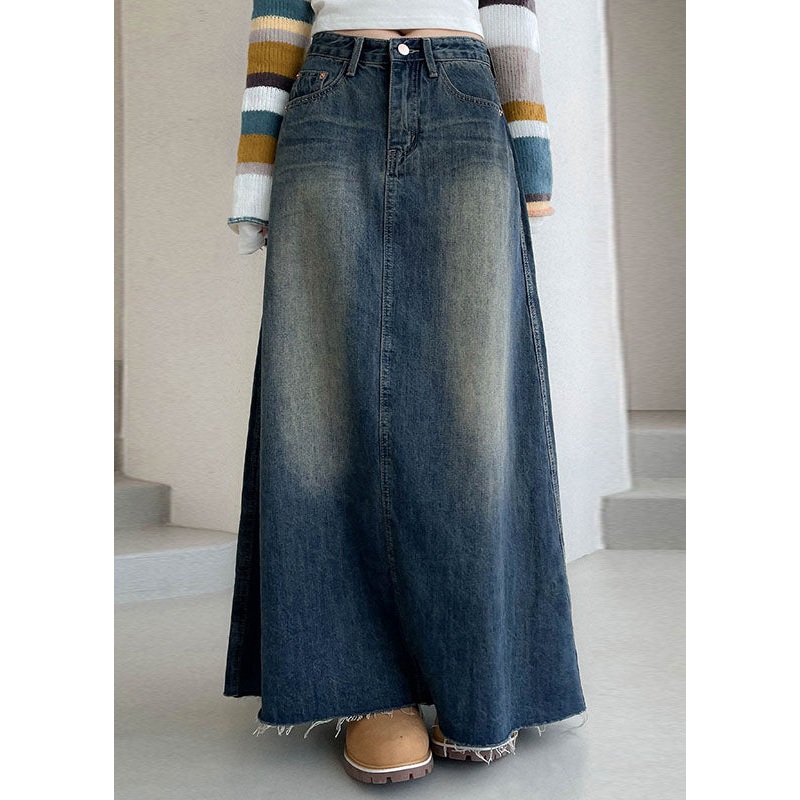 Boutique Blue Pockets Patchwork Denim Maxi Skirts Fall