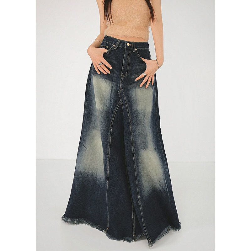 Boutique Blue Pockets Patchwork High Waist Denim Maxi Skirt Summer