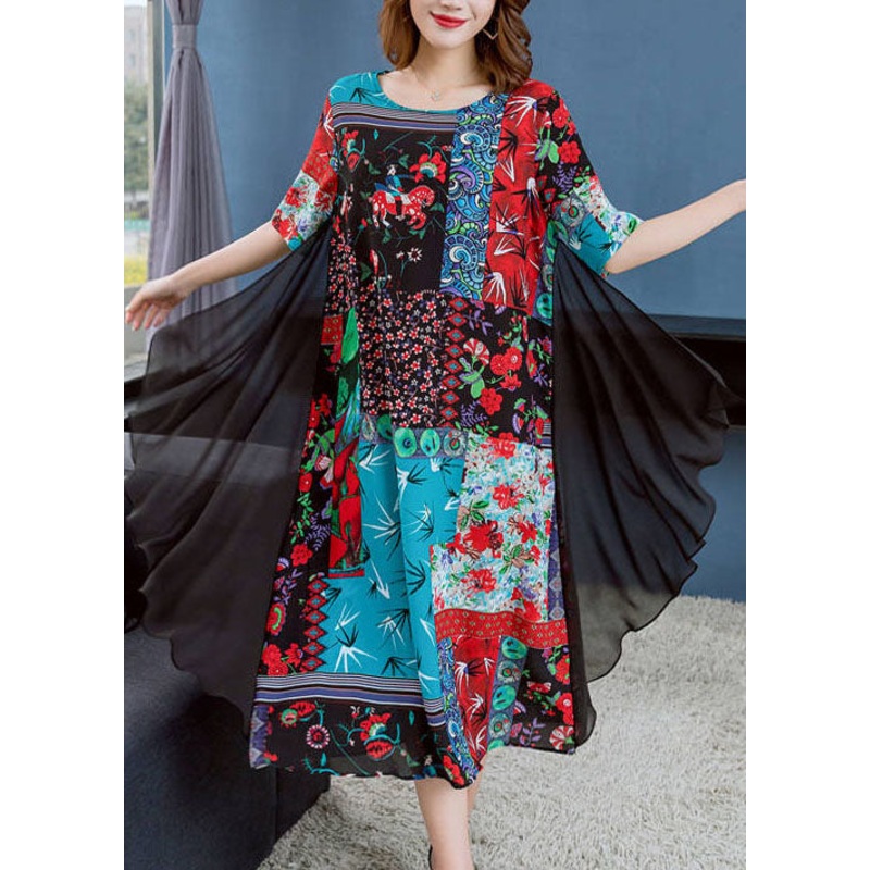 Boutique Colorblock O Neck Print Patchwork Chiffon Dresses Summer