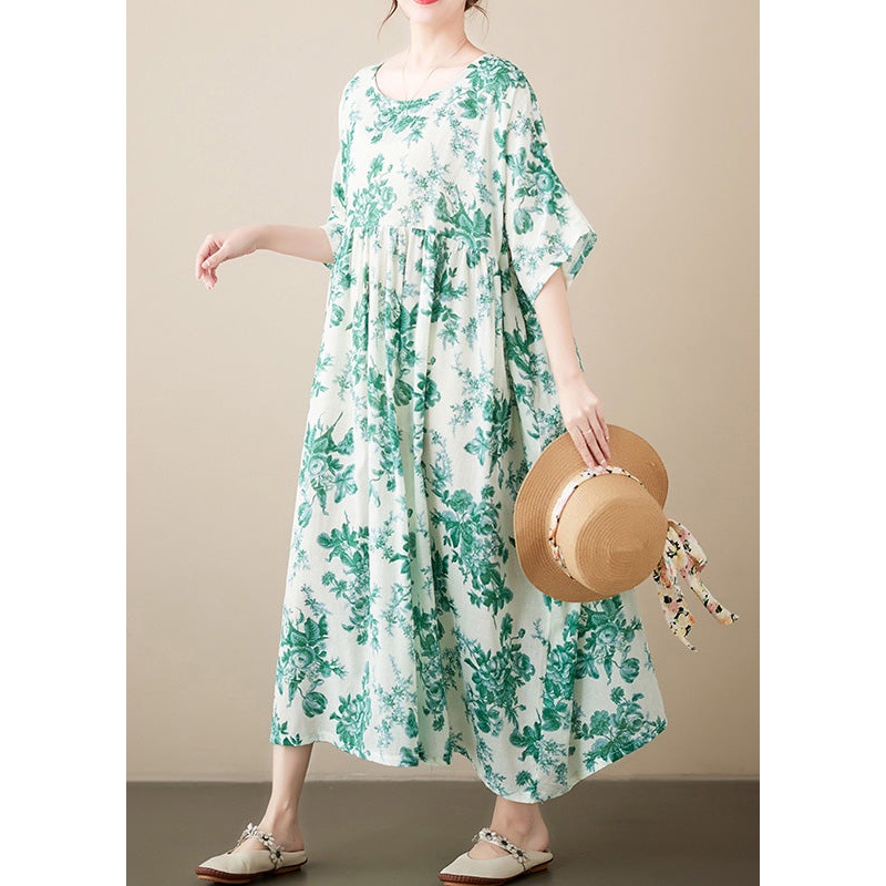 Brief Green O-Neck Patchwork Print Cotton Maxi Dresses Summer