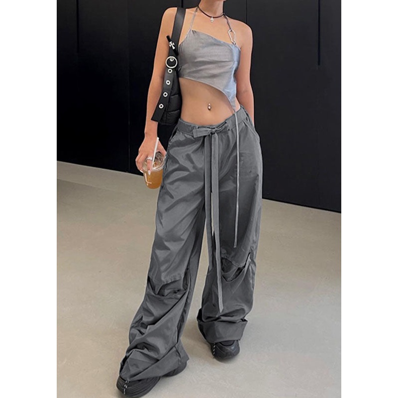 Casual Grey Pockets Tie Waist Patchwork Cotton Overalls Pants Summer
