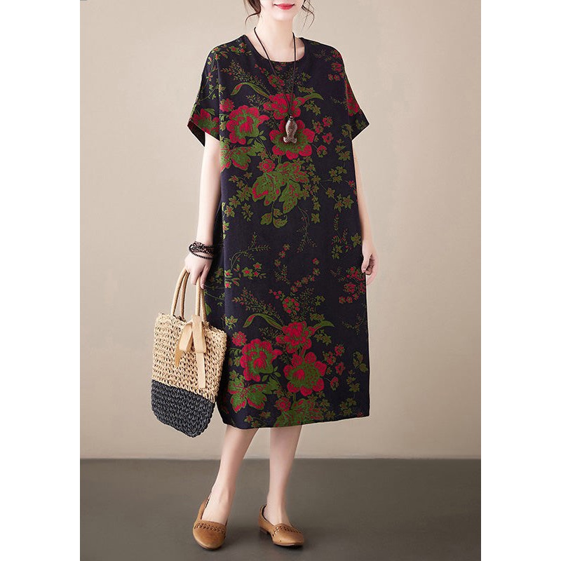 Casual Navy Print Cotton Vacation Maxi Dresses Summer