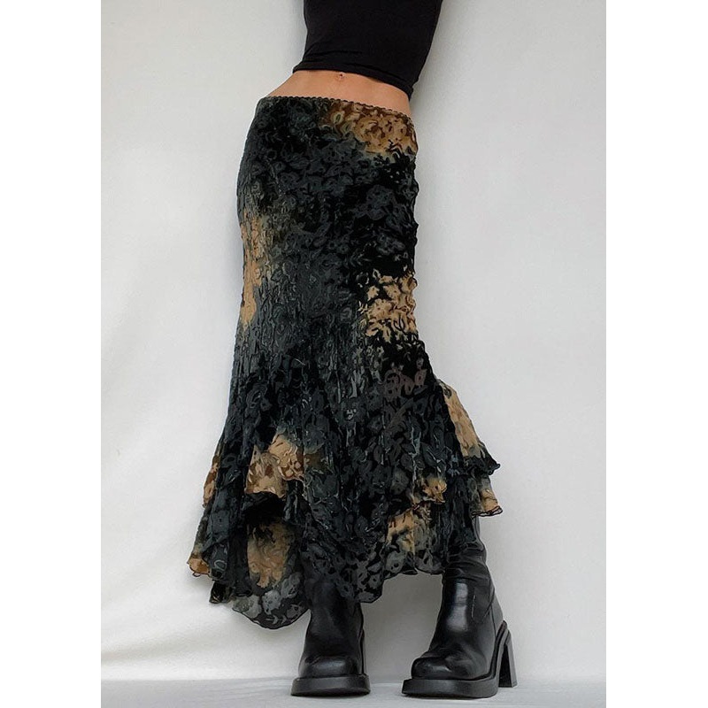 Chic Black Asymmetrical Print Ruffled Patchwork Silk Velour Skirt