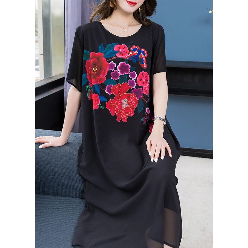 Chic Black O Neck Floral Patchwork Chiffon Mid Dress Summer