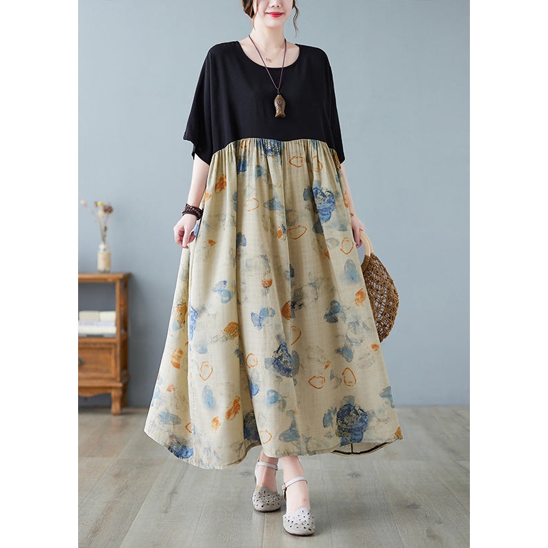Chic Black Print Patchwork Long Dresses Short Sleeve