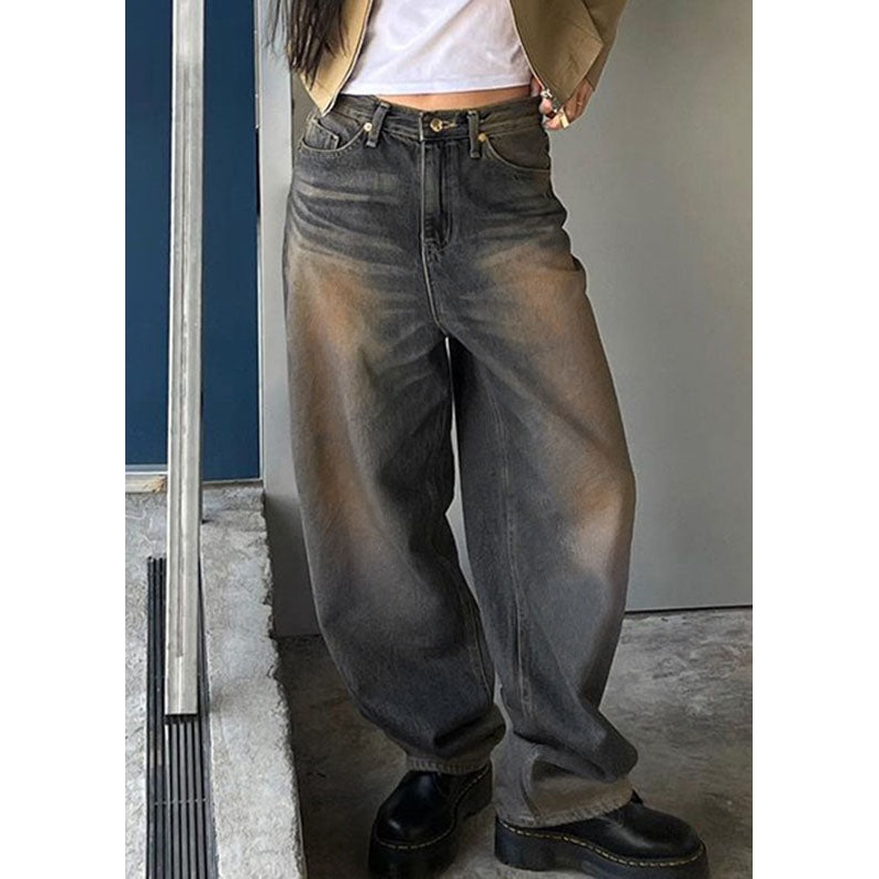 Chic Blue Pockets High Waist Patchwork Denim Wide Leg Pants Fall