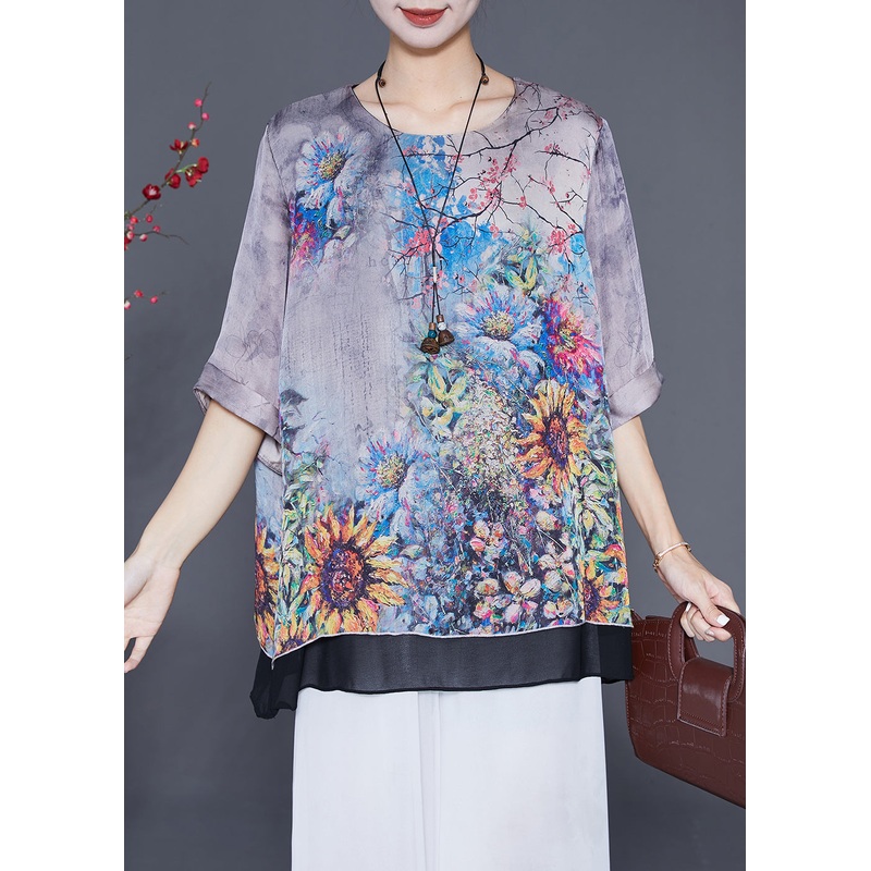 Chic Grey Oversized Patchwork Print Silk Shirts Summer