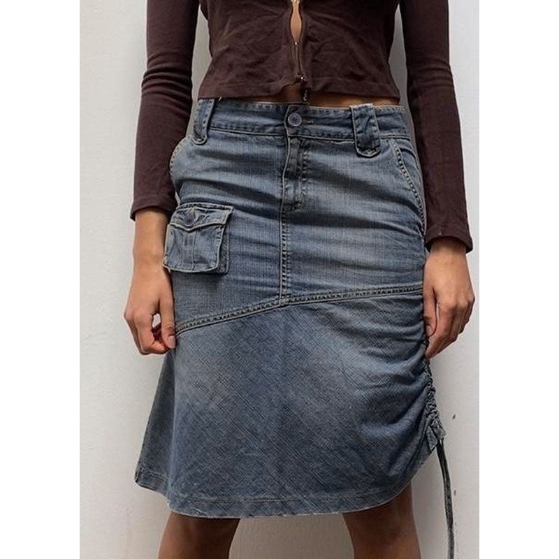 DIY Blue Cinched Pockets Asymmetrical Patchwork Denim Skirt Fall